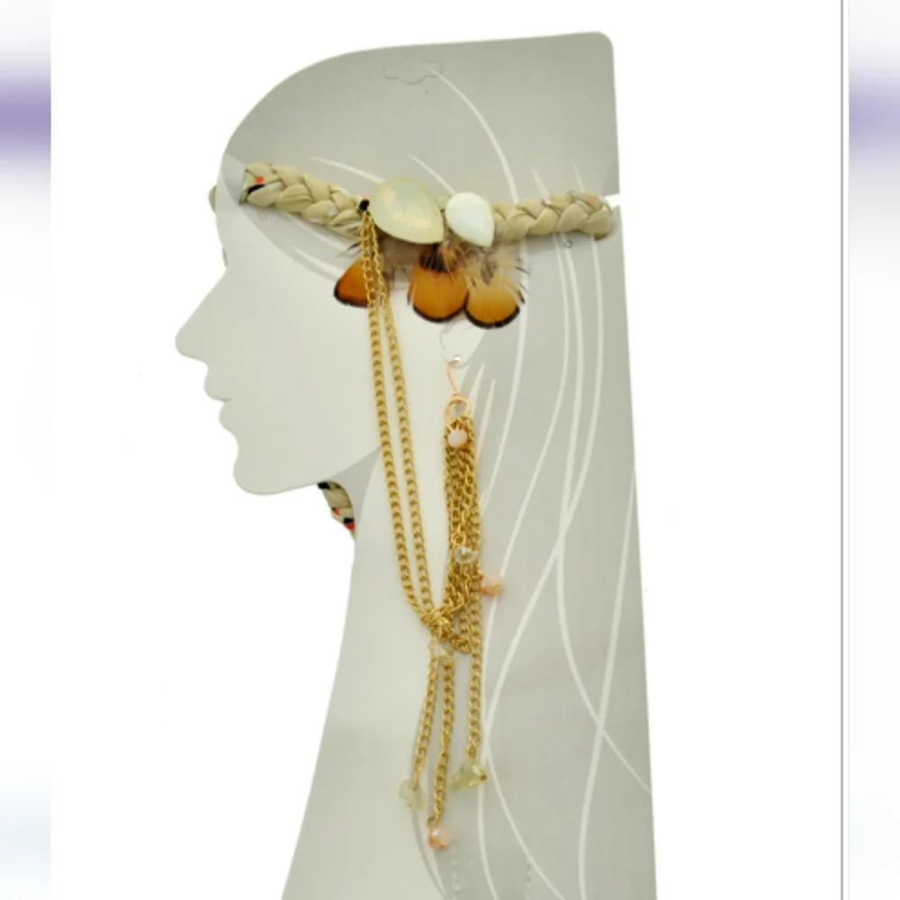 Bohemian Braided Headband with Feather, Chain and Matching Earring Standout Look